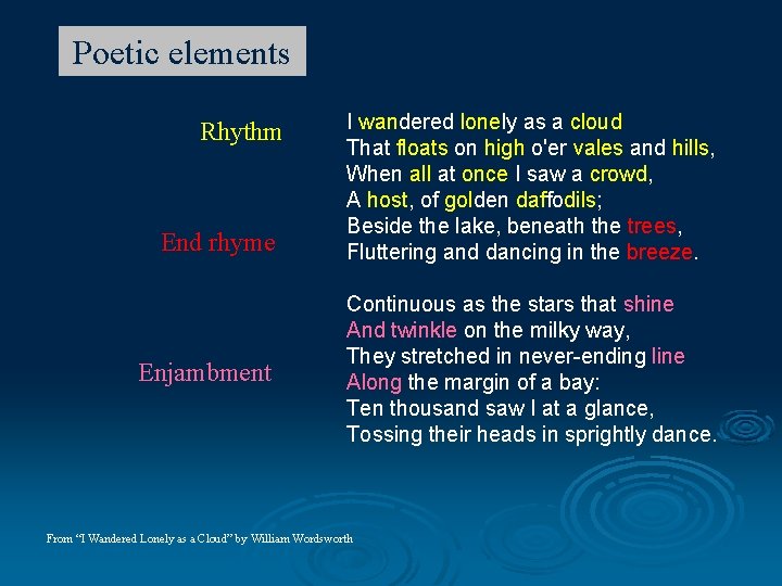 Poetic elements Rhythm End rhyme Enjambment I wandered lonely as a cloud That floats