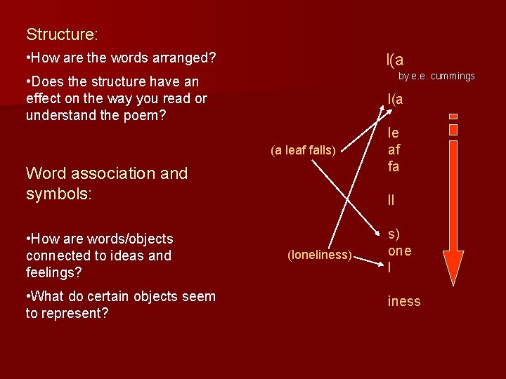 Structure: • How are the words arranged? l(a by e. e. cummings • Does