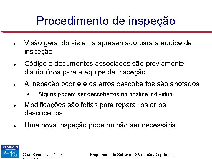 Procedimento de inspeção Visão geral do sistema apresentado para a equipe de inspeção Código Procedimento de inspeção Visão geral do sistema apresentado para a equipe de inspeção Código