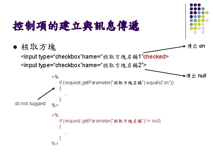 控制項的建立與訊息傳遞 l 核取方塊 傳出 on <input type=“checkbox”name=“核取方塊名稱 1”checked> <input type=“checkbox”name=“核取方塊名稱 2”> 傳出 null <%