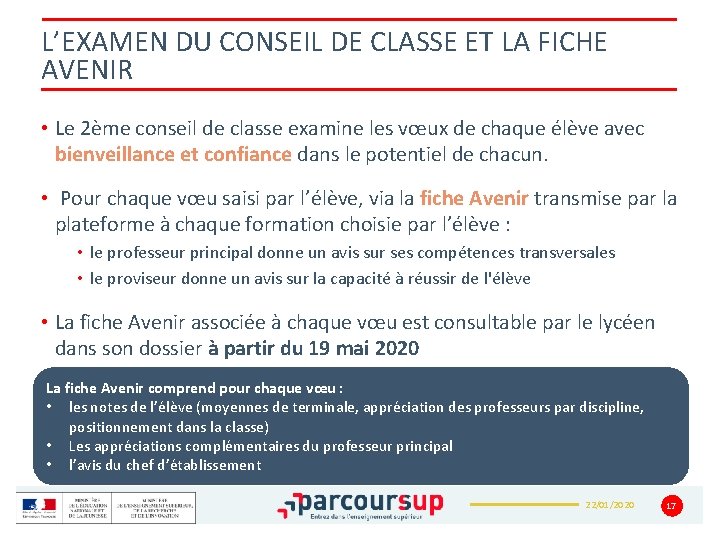 L’EXAMEN DU CONSEIL DE CLASSE ET LA FICHE AVENIR • Le 2ème conseil de