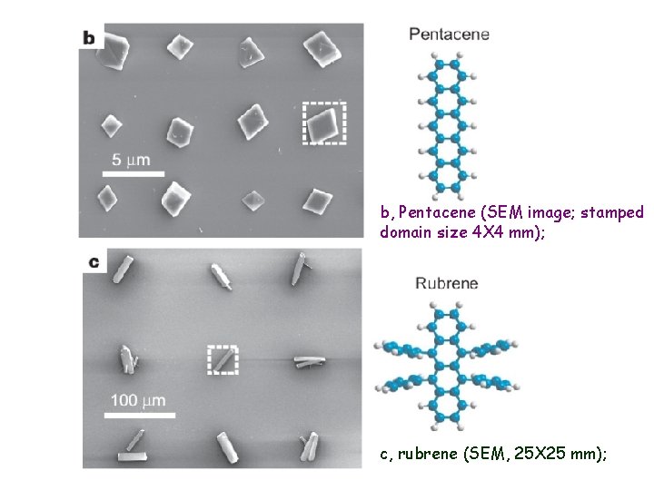 b, Pentacene (SEM image; stamped domain size 4 X 4 mm); c, rubrene (SEM,