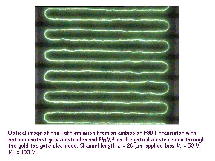 Optical image of the light emission from an ambipolar F 8 BT transistor with