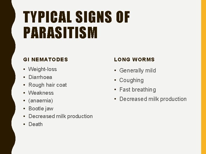 TYPICAL SIGNS OF PARASITISM GI NEMATODES LONG WORMS • • • Generally mild Weight-loss
