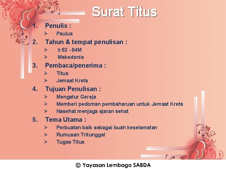 Surat Titus 1. Penulis : Ø 2. Tahun & tempat penulisan : Ø Ø