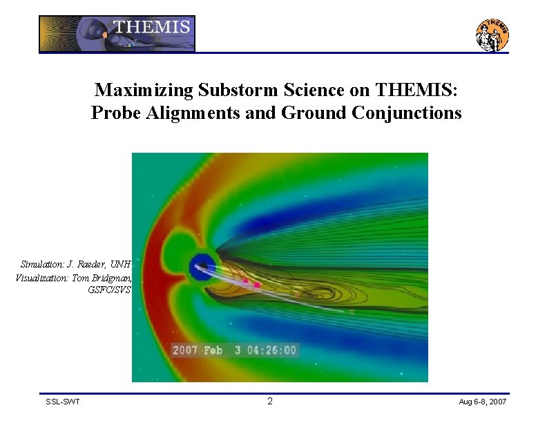 Maximizing Substorm Science on THEMIS: Probe Alignments and Ground Conjunctions Simulation: J. Raeder, UNH