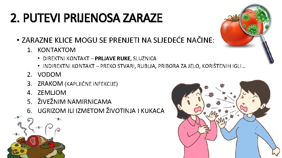 2. PUTEVI PRIJENOSA ZARAZE • ZARAZNE KLICE MOGU SE PRENJETI NA SLJEDEĆE NAČINE: 1.