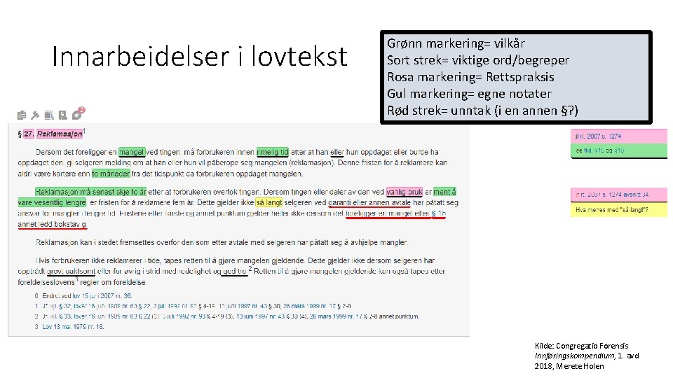 Innarbeidelser i lovtekst Grønn markering= vilkår Sort strek= viktige ord/begreper Rosa markering= Rettspraksis Gul