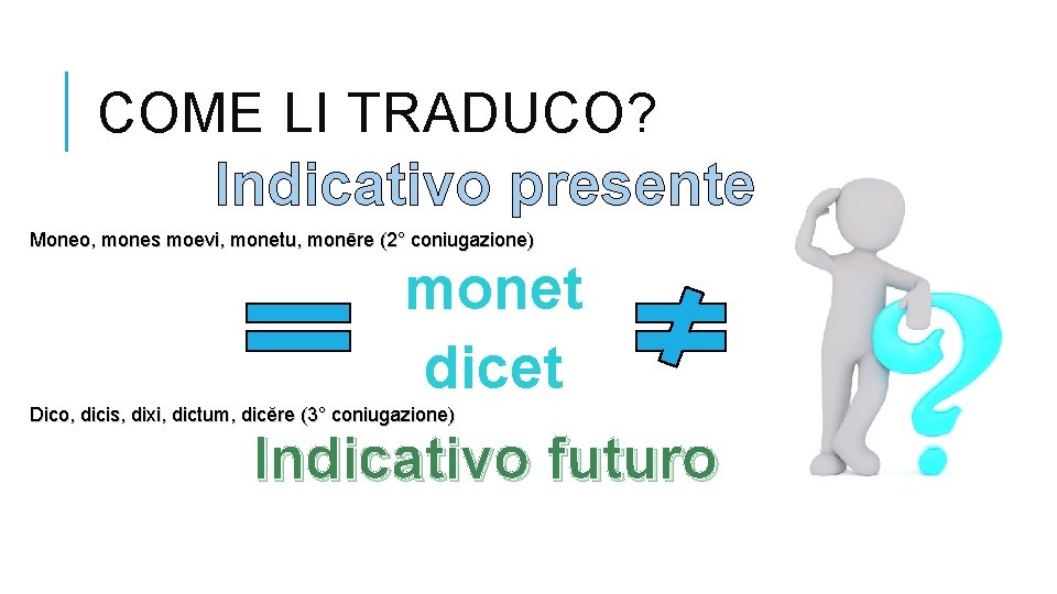 COME LI TRADUCO? Indicativo presente Moneo, mones moevi, monetu, monēre (2° coniugazione) monet dicet