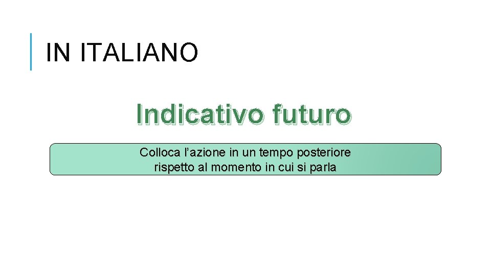 IN ITALIANO Indicativo futuro Colloca l’azione in un tempo posteriore rispetto al momento in