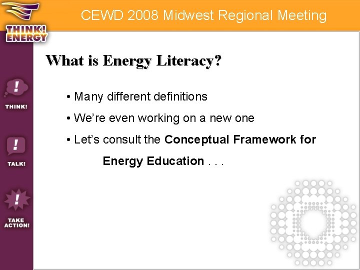 CEWD 2008 Midwest Regional Meeting What is Energy Literacy? • Many different definitions •