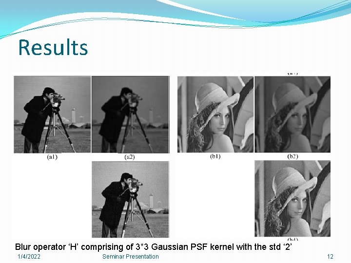 Results Blur operator ‘H’ comprising of 3*3 Gaussian PSF kernel with the std ‘