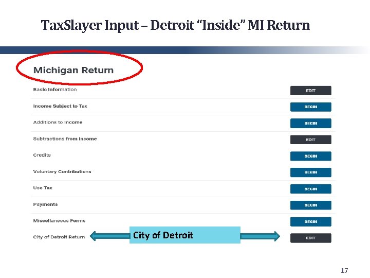 Tax. Slayer Input – Detroit “Inside” MI Return City of Detroit 17 