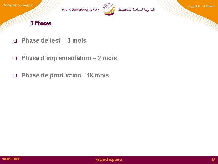 3 Phases q Phase de test – 3 mois q Phase d’implémentation – 2