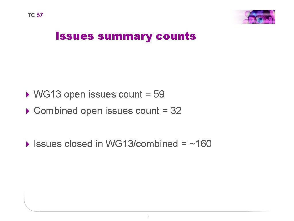 TC 57 Issues summary counts 4 WG 13 open issues count = 59 4