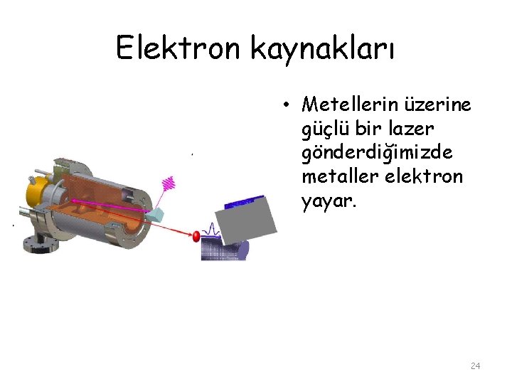 Elektron kaynakları • Metellerin üzerine güçlü bir lazer gönderdiğimizde metaller elektron yayar. 24 