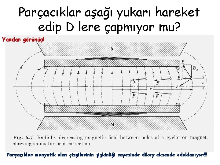 Parçacıklar aşağı yukarı hareket edip D lere çapmıyor mu? Yandan görünüş! Parçacıklar manyetik alan