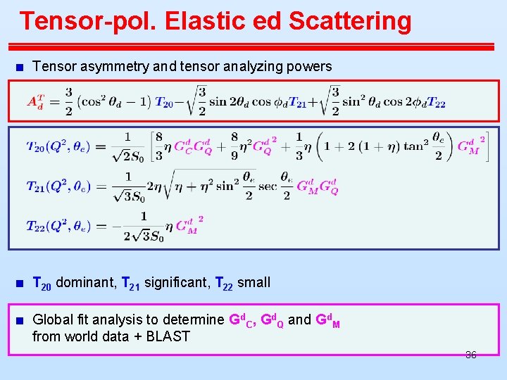 Tensor-pol. Elastic ed Scattering Tensor asymmetry and tensor analyzing powers T 20 dominant, T Tensor-pol. Elastic ed Scattering Tensor asymmetry and tensor analyzing powers T 20 dominant, T