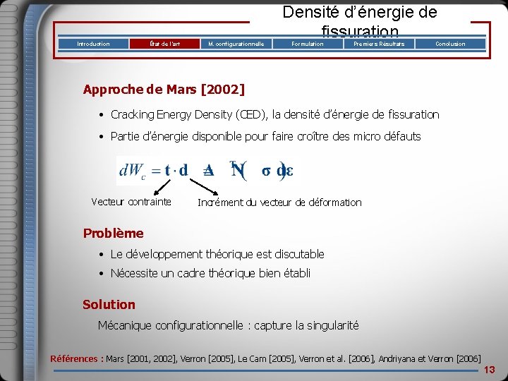 Introduction État de l’art M. configurationnelle Densité d’énergie de fissuration Formulation Premiers Résultats Conclusion