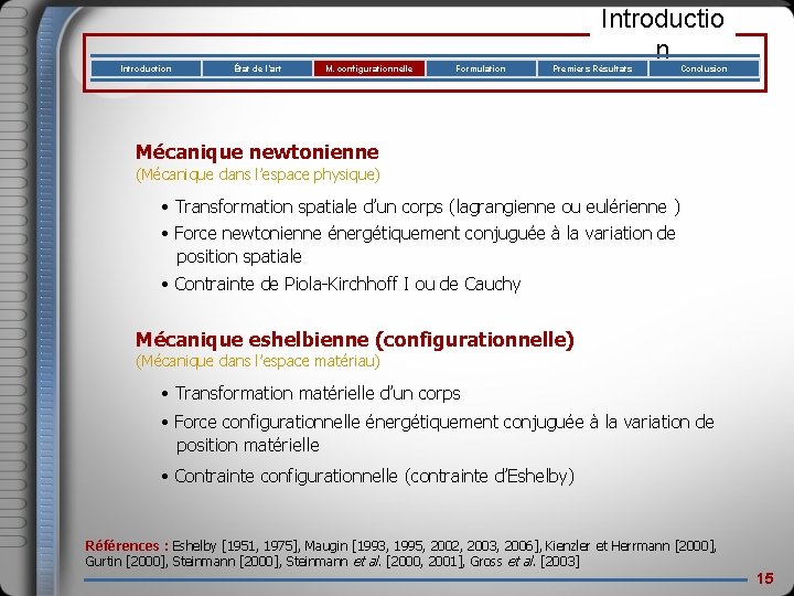 Introduction État de l’art M. configurationnelle Formulation Introductio n Premiers Résultats Conclusion Mécanique newtonienne