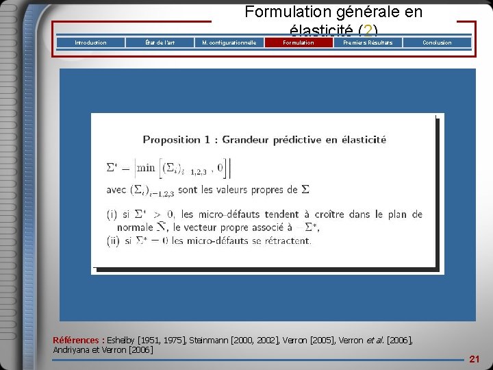 Introduction État de l’art Formulation générale en élasticité (2) M. configurationnelle Formulation Premiers Résultats