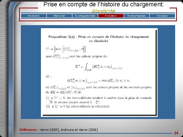 Introduction Prise en compte de l’histoire du chargement: élasticité État de l’art M. configurationnelle