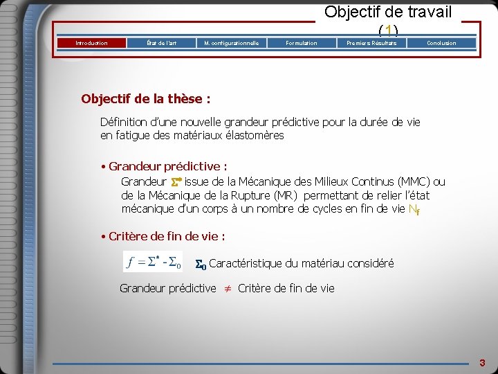 Introduction État de l’art M. configurationnelle Formulation Objectif de travail (1) Premiers Résultats Conclusion