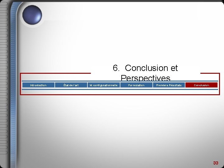 6. Conclusion et Perspectives Introduction État de l’art M. configurationnelle Formulation Premiers Résultats Conclusion