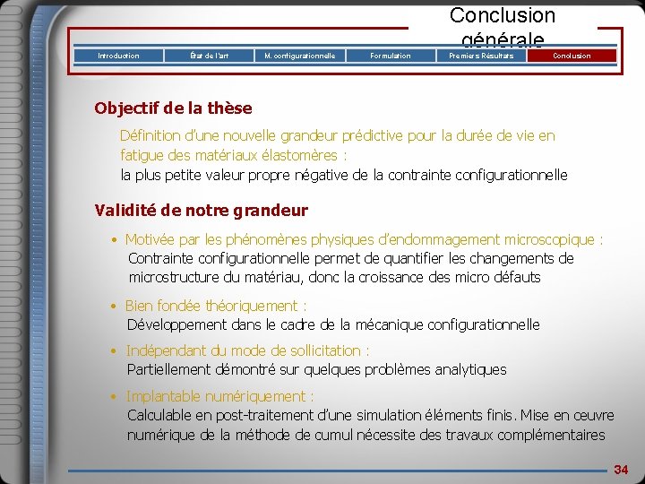 Introduction État de l’art M. configurationnelle Formulation Conclusion générale Premiers Résultats Conclusion Objectif de