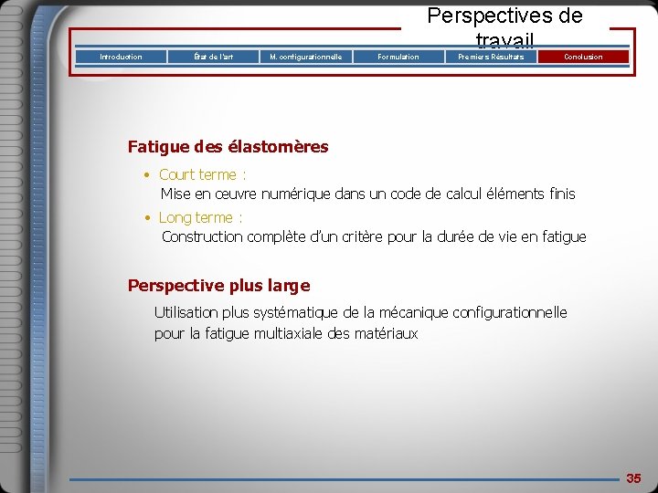 Introduction État de l’art M. configurationnelle Formulation Perspectives de travail Premiers Résultats Conclusion Fatigue