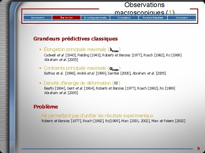 Introduction État de l’art M. configurationnelle Observations macroscopiques (1) Formulation Premiers Résultats Conclusion Grandeurs