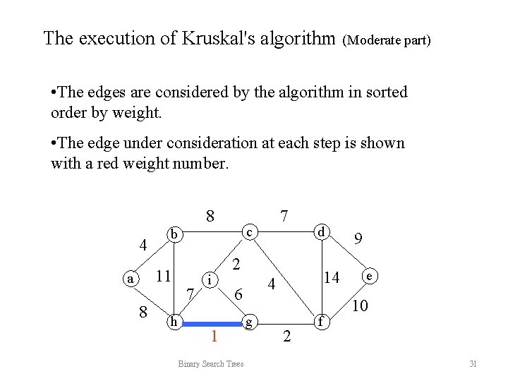 The execution of Kruskal's algorithm (Moderate part) • The edges are considered by the The execution of Kruskal's algorithm (Moderate part) • The edges are considered by the