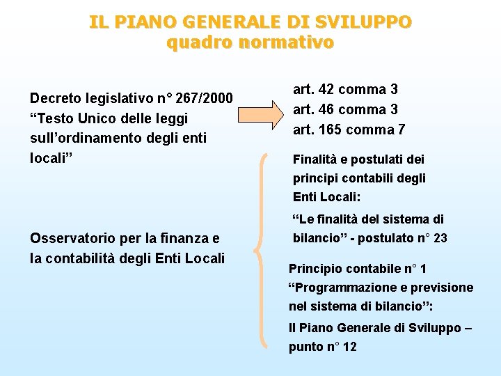 IL PIANO GENERALE DI SVILUPPO quadro normativo Decreto legislativo n° 267/2000 “Testo Unico delle