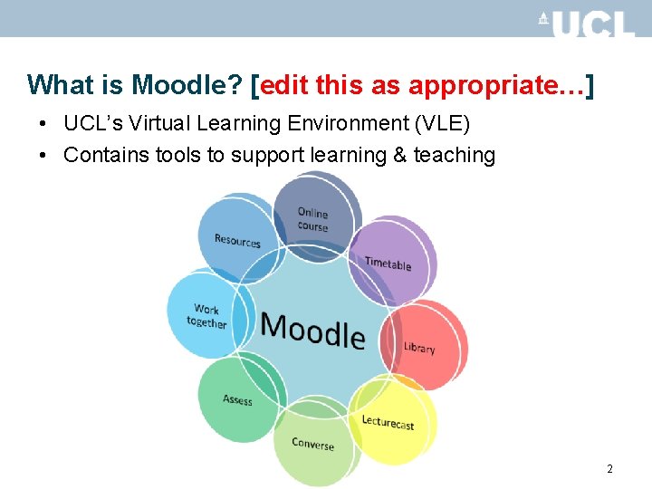 What is Moodle? [edit this as appropriate…] • UCL’s Virtual Learning Environment (VLE) •