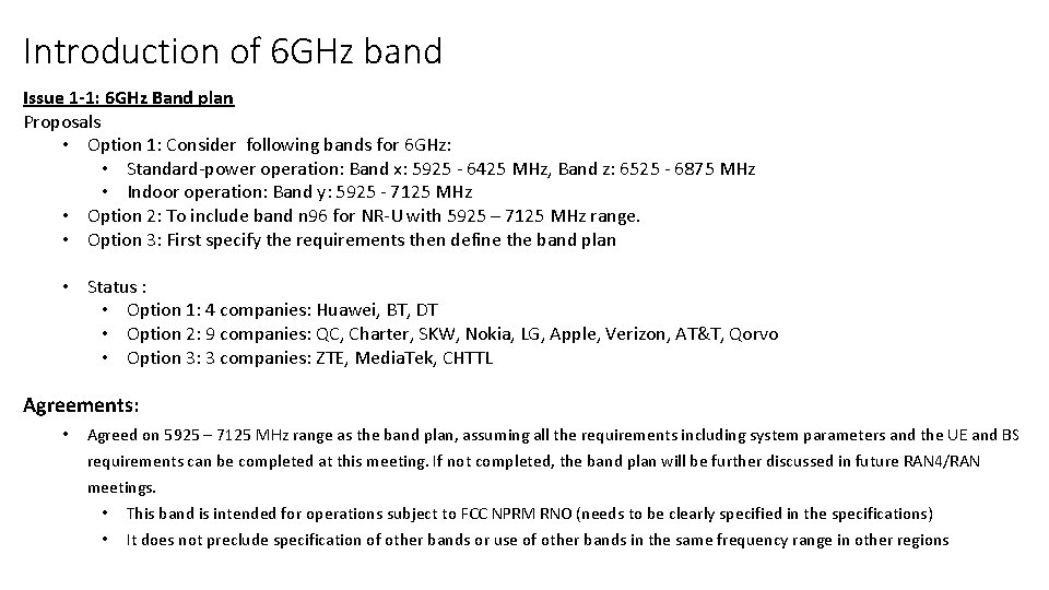 Introduction of 6 GHz band Issue 1 -1: 6 GHz Band plan Proposals •