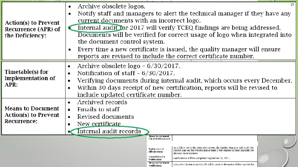 21 Example 2 An acceptable corrective action response 