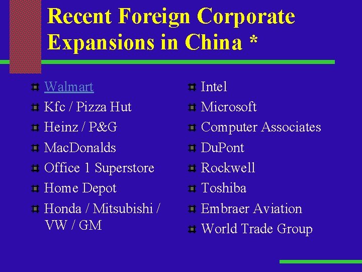 Recent Foreign Corporate Expansions in China * Walmart Kfc / Pizza Hut Heinz /