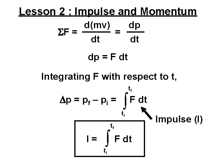 Lesson 2 : Impulse and Momentum SF = d(mv) dp = dt dt dp