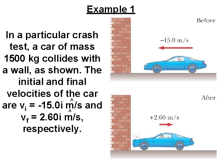 Example 1 In a particular crash test, a car of mass 1500 kg collides