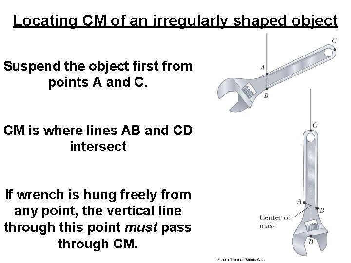 Locating CM of an irregularly shaped object Suspend the object first from points A