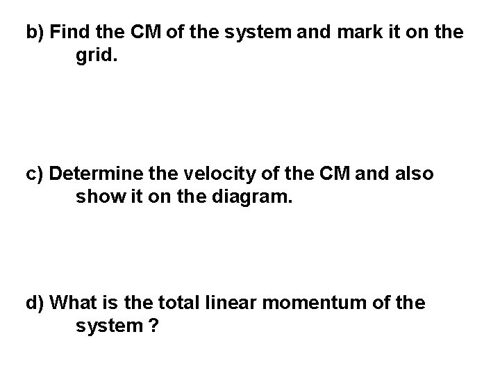 b) Find the CM of the system and mark it on the grid. c)