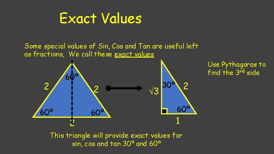 Exact Values Some special values of Sin, Cos and Tan are useful left as