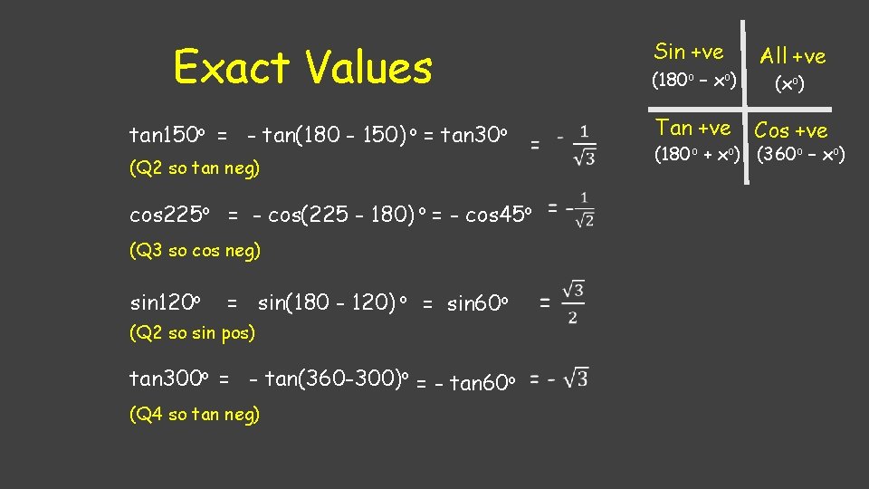 Exact Values tan 150 o = - tan(180 - 150) o = tan 30