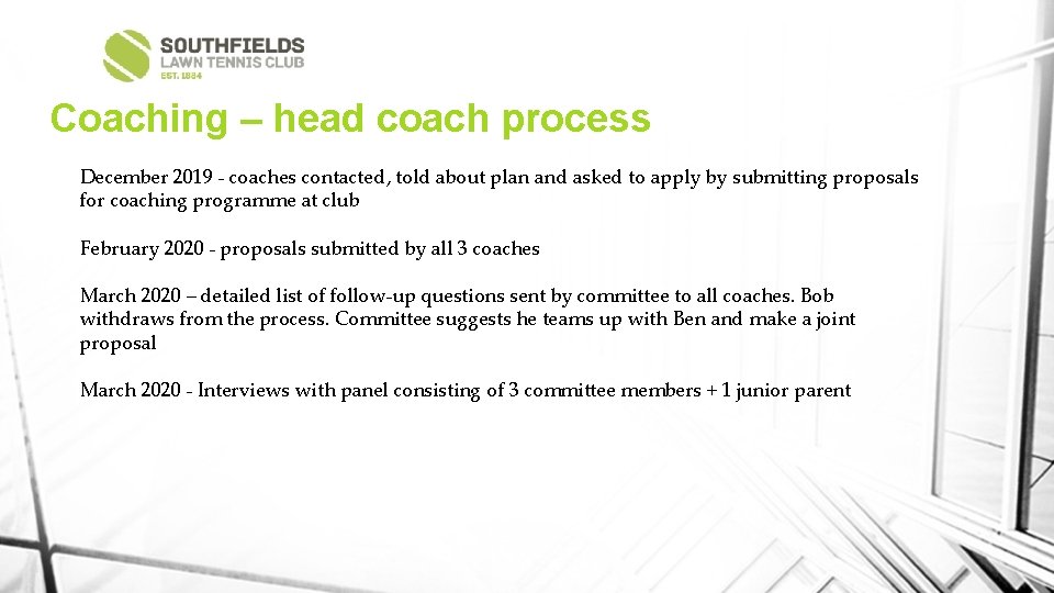 Coaching – head coach process December 2019 - coaches contacted, told about plan and