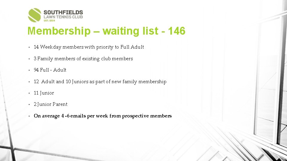 Membership – waiting list - 146 • 14 Weekday members with priority to Full