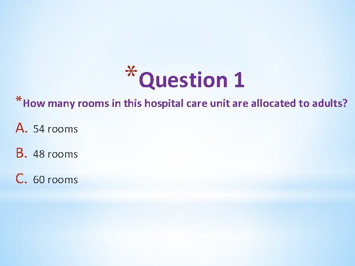*Question 1 *How many rooms in this hospital care unit are allocated to adults?