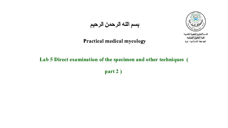  ﺑﺴﻢ ﺍﻟﻠﻪ ﺍﻟﺮﺣﻤﻦ ﺍﻟﺮﺣﻴﻢ Practical medical mycology Lab 5 Direct examination of the