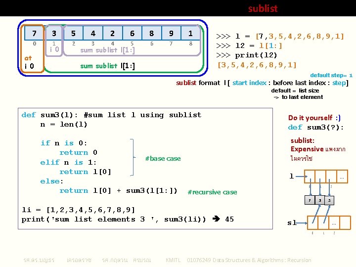 Sum of Array (Python List) Elements : sublist 7 0 at i 0 3