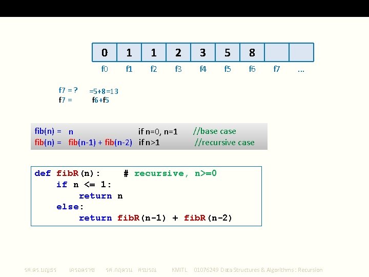 Fibonaci Sequence Recursive f 7 = ? f 7 = 0 1 1 2