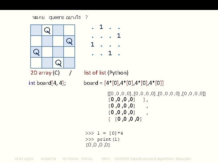 Data Structure for Queens – 2 D array , Python : list of list